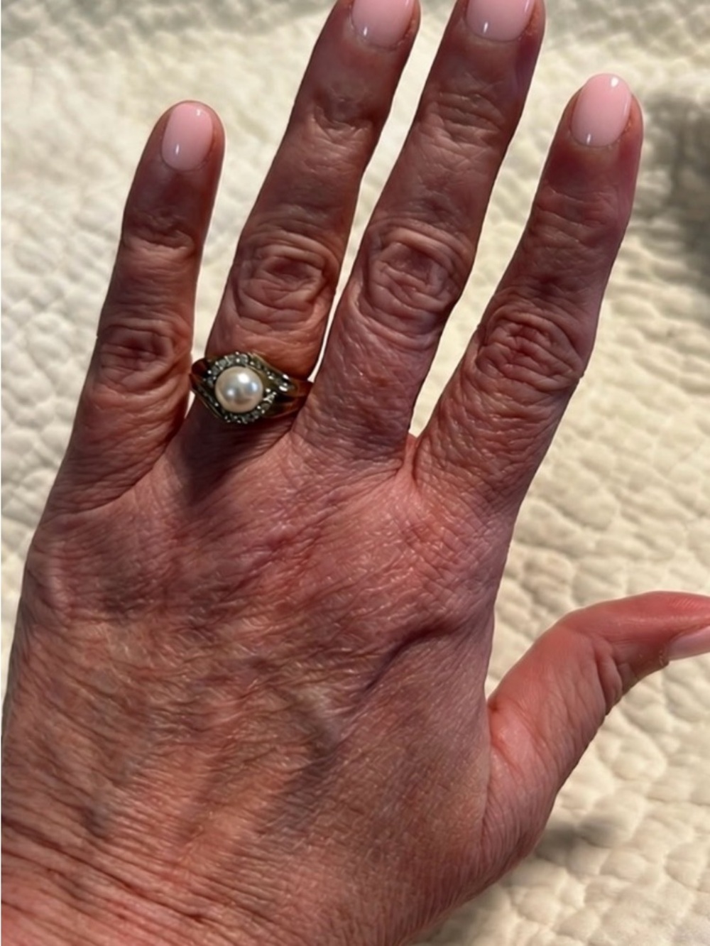 Classic Pearl Ring - Elegant White Pearl & diamond accent stones 10k yellow gold